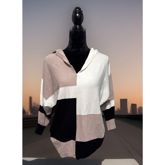 Aaeda Von Mauer Womens Color Block Sweater Hoodie V Neck Large - Picture 3 of 12